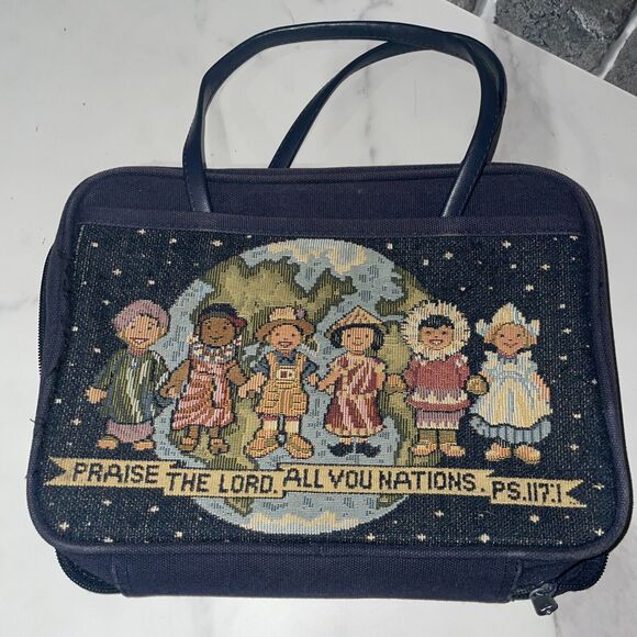 Bible Carrying Case Zipped Embroidered Blue "Praise the Lord All You Nations" - Picture 3 of 7